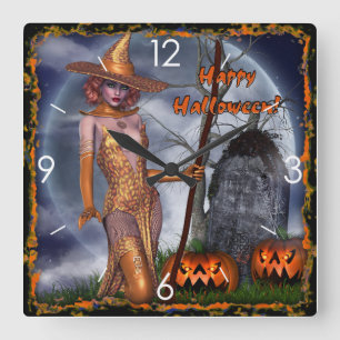 Halloween Haunted Witch Pumpkin House Square Wall Clock