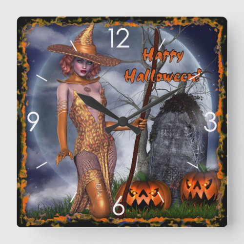 Halloween Haunted Witch Pumpkin House Square Wall Clock