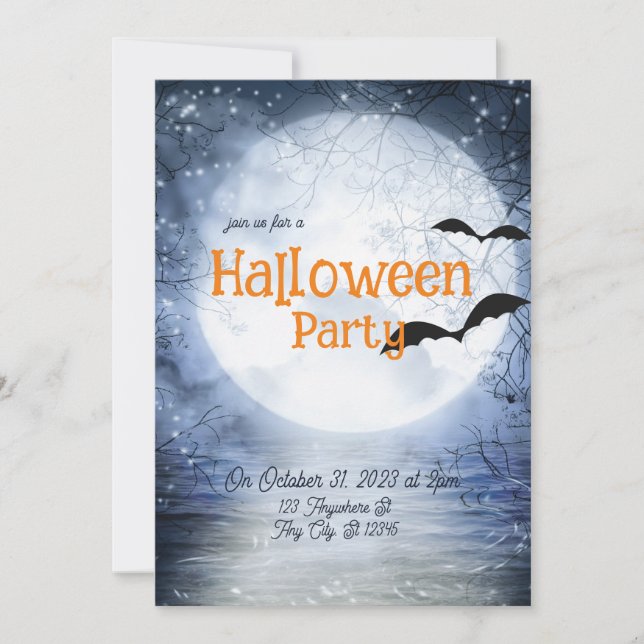 Halloween Haunting Full Moon Blue White Bats Invitation (Front)