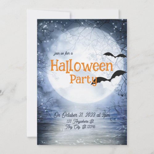 Halloween Haunting Full Moon Blue White Bats Invitation