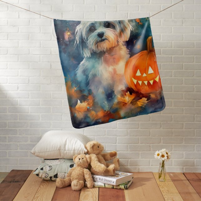 Halloween Havanese With Pumpkins Scary Baby Blanket (In Situ)