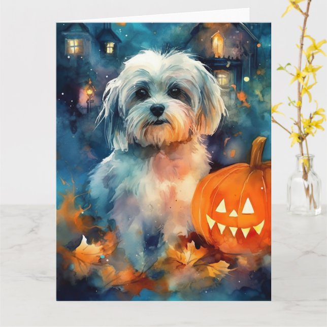 Halloween Havanese With Pumpkins Scary Card (Yellow Flower)