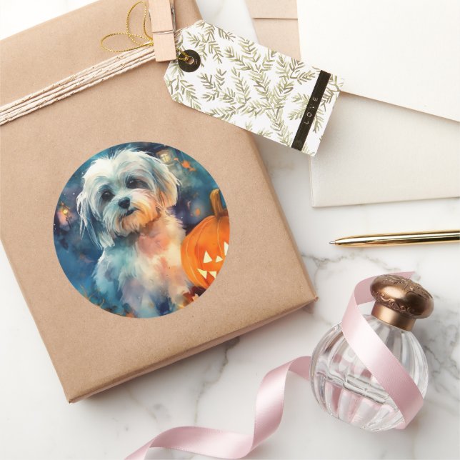 Halloween Havanese With Pumpkins Scary Classic Round Sticker (Gifting)