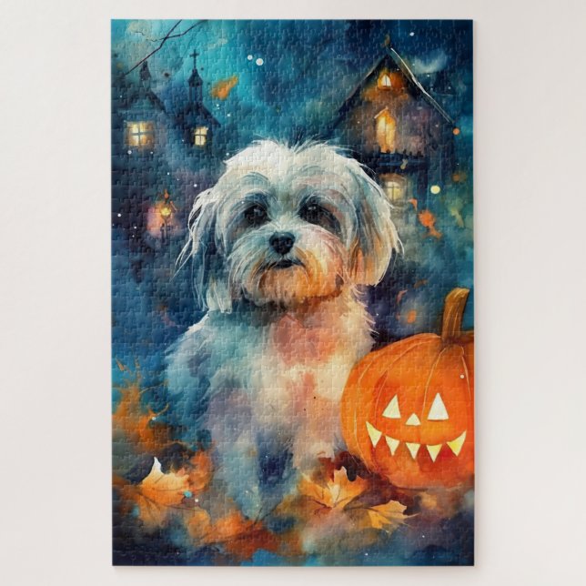 Halloween Havanese With Pumpkins Scary Jigsaw Puzzle (Vertical)