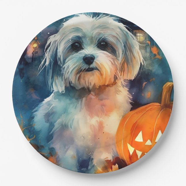 Halloween Havanese With Pumpkins Scary Paper Plates (Front)