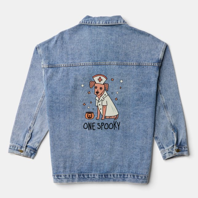 Halloween Healer Pup One Spooky Nurse Dog  Denim Jacket (Back)