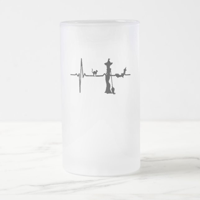 Halloween Heart Beat Black Cat and Bat Frosted Glass Beer Mug (Center)