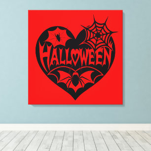 Halloween Heart, Black Heart Shape, Spider Web Canvas Print