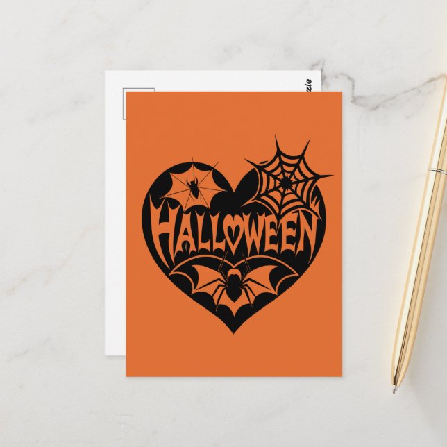 Halloween Heart, Black Heart Shape, Spider Web Postcard (Front/Back In Situ)