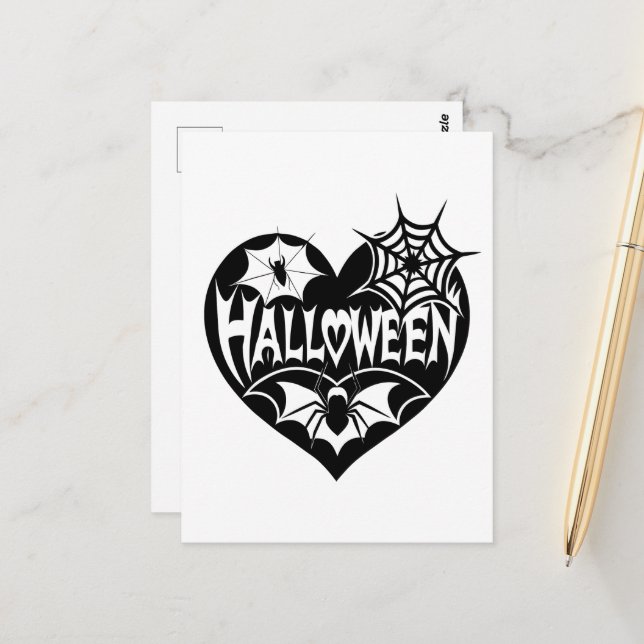 Halloween Heart, Black Heart Shape, Spider Web Postcard (Front/Back In Situ)
