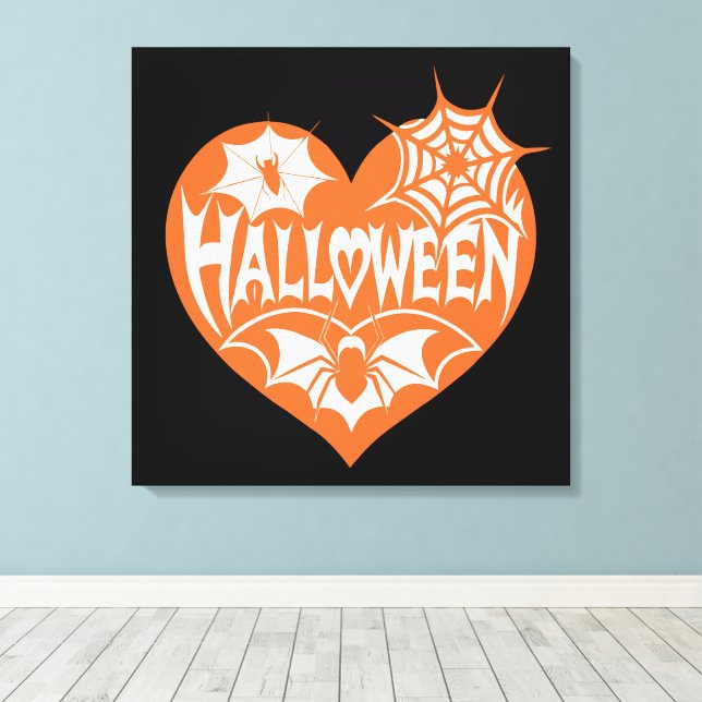 Halloween Heart, Orange Heart Shape, Spider Web Canvas Print (Insitu(Wood Floor))