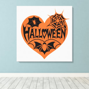Halloween Heart, Orange Heart Shape, Spider Web Canvas Print