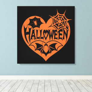 Halloween Heart, Orange Heart Shape, Spider Web Canvas Print