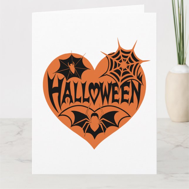 Halloween Heart, Orange Heart Shape, Spider Web Card (Front)