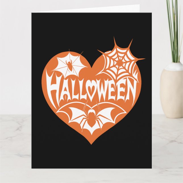 Halloween Heart, Orange Heart Shape, Spider Web Card (Front)
