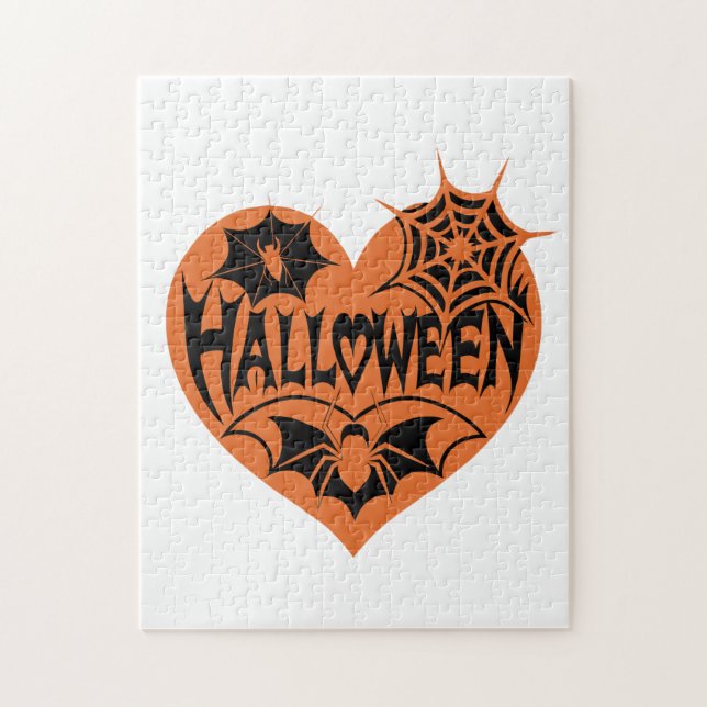 Halloween Heart, Orange Heart Shape, Spider Web Jigsaw Puzzle (Vertical)