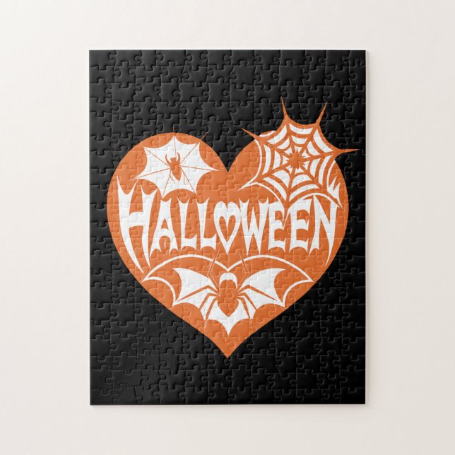 Halloween Heart, Orange Heart Shape, Spider Web Jigsaw Puzzle (Vertical)