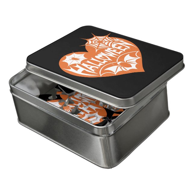 Halloween Heart, Orange Heart Shape, Spider Web Jigsaw Puzzle (Lid Open)