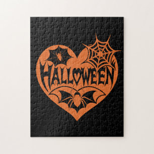 Halloween Heart, Orange Heart Shape, Spider Web Jigsaw Puzzle