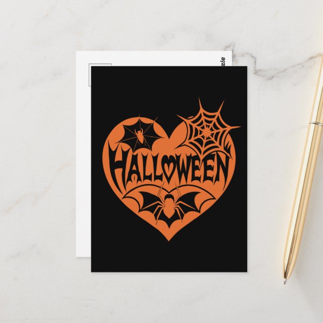 Halloween Heart, Orange Heart Shape, Spider Web Postcard (Front/Back In Situ)