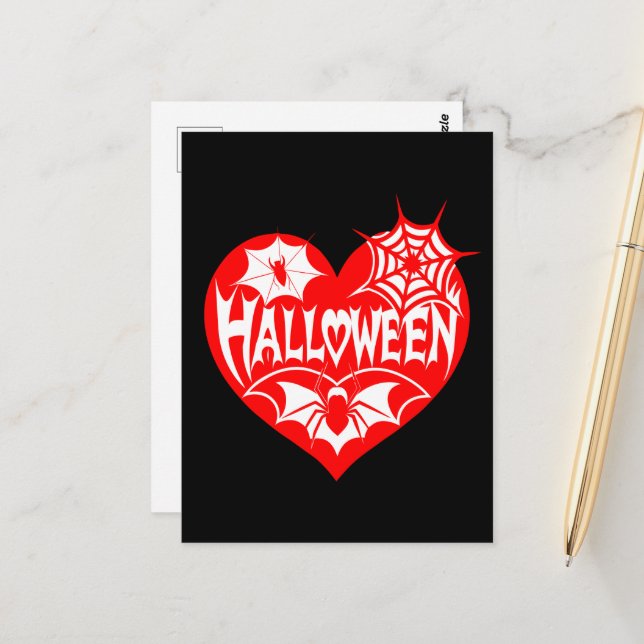 Halloween Heart, Red Heart Shape, Spider Web Postcard (Front/Back In Situ)