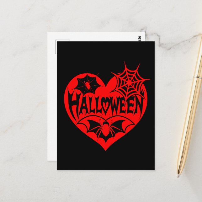Halloween Heart, Red Heart Shape, Spider Web Postcard (Front/Back In Situ)