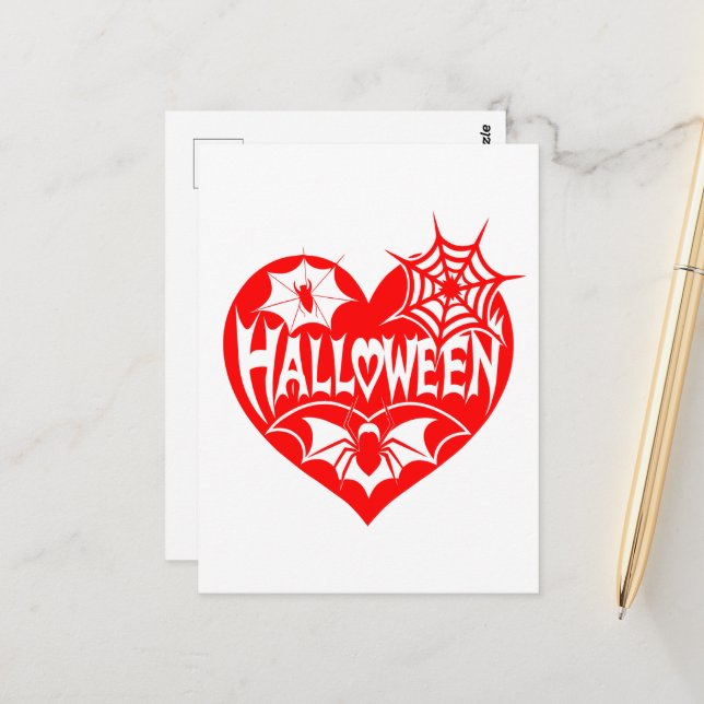 Halloween Heart, Red Heart Shape, Spider Web Postcard (Front/Back In Situ)