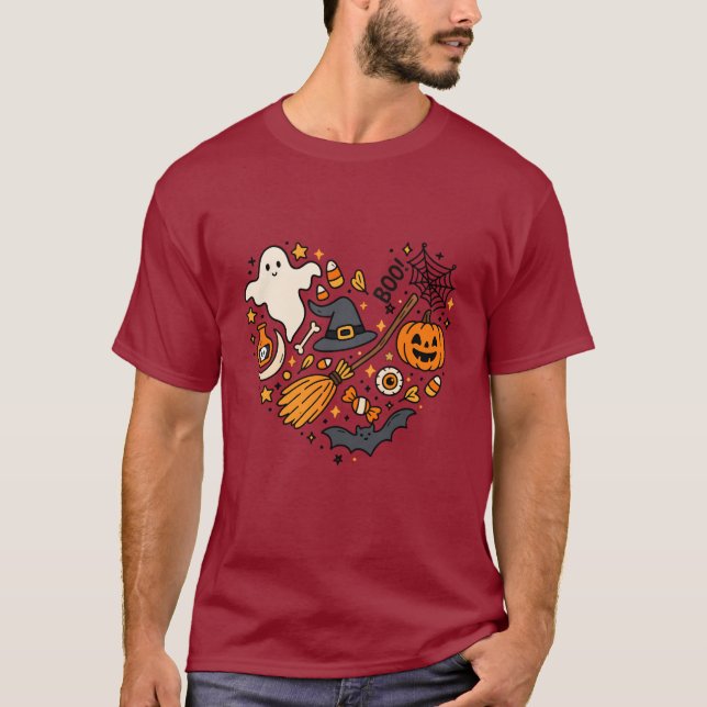 Halloween Heart T-Shirt – Spooky Cute Bat, Pumpkin (Front)