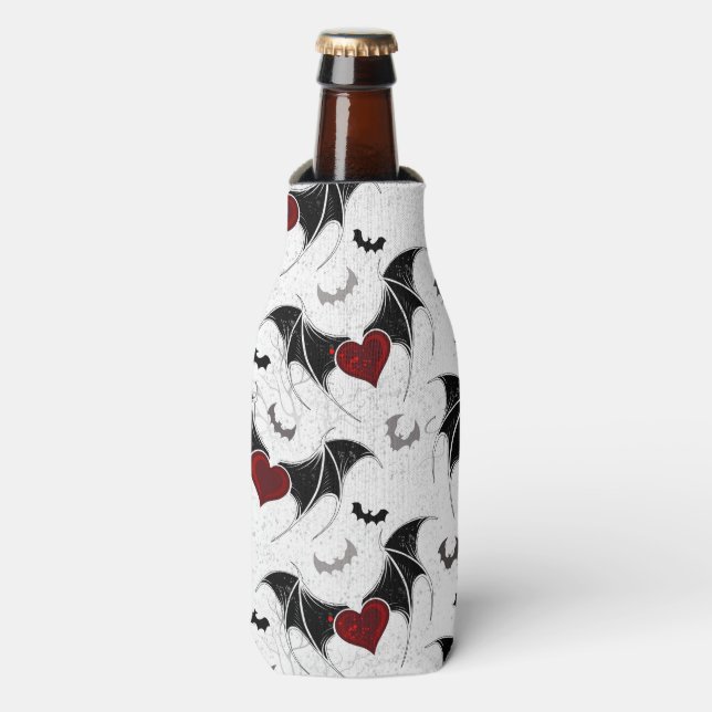 Halloween heart with black bat wings bottle cooler (Bottle Front)