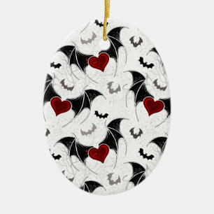 Halloween heart with black bat wings ceramic ornament