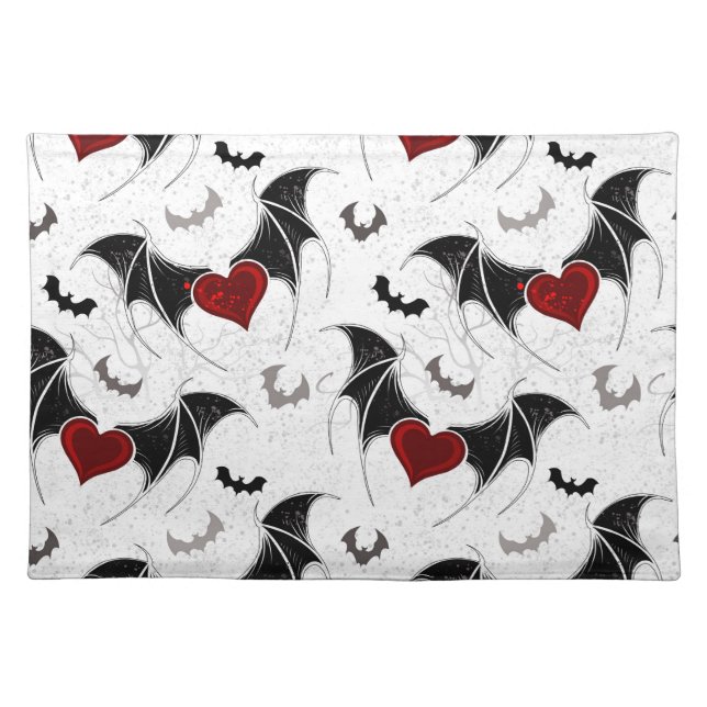 Halloween heart with black bat wings cloth placemat (Front)