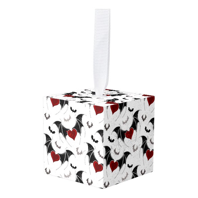 Halloween heart with black bat wings cube ornament (Front Angled)