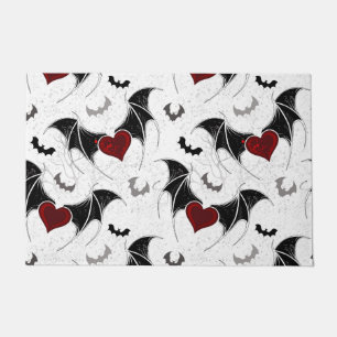 Halloween heart with black bat wings doormat