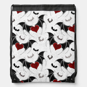 Halloween heart with black bat wings drawstring bag