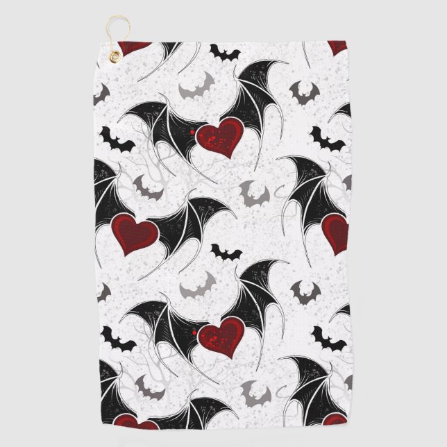 Halloween heart with black bat wings golf towel (Front)