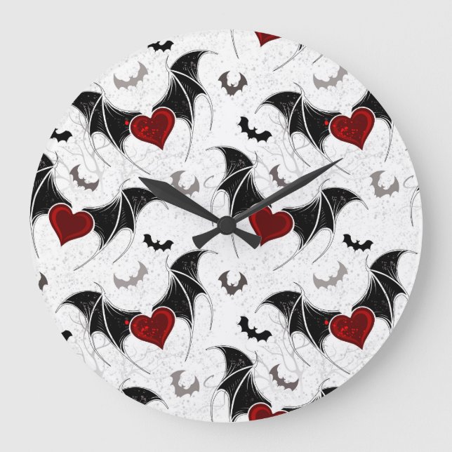 Halloween heart with black bat wings large clock (Front)