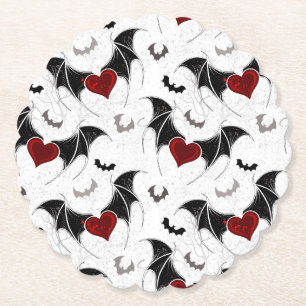 Halloween heart with black bat wings paper coaster