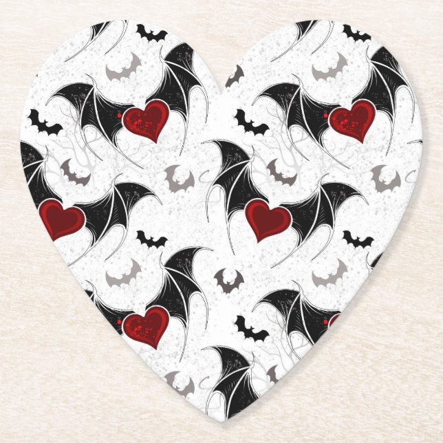 Halloween heart with black bat wings paper coaster (Front)