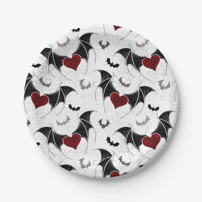Halloween heart with black bat wings paper plates (Front)
