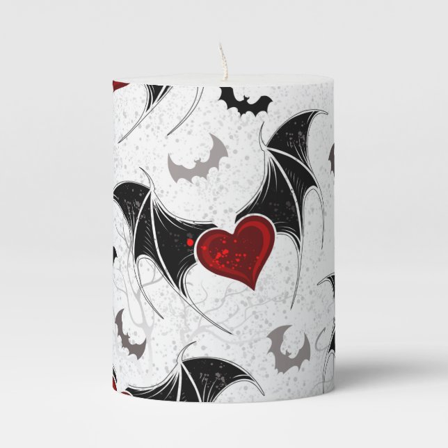 Halloween heart with black bat wings pillar candle (Front)