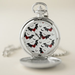 Halloween heart with black bat wings pocket watch