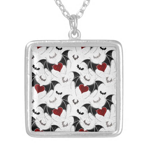 Halloween heart with black bat wings silver plated necklace