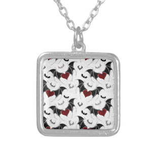 Halloween heart with black bat wings silver plated necklace