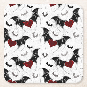 Halloween heart with black bat wings square paper coaster