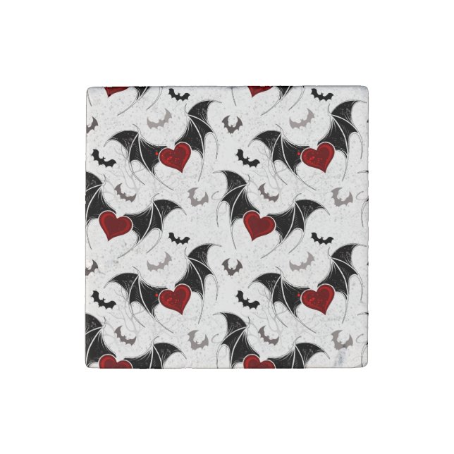 Halloween heart with black bat wings stone magnet (Front)