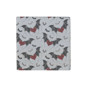 Halloween heart with black bat wings stone magnet