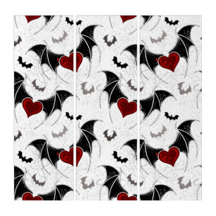 Halloween heart with black bat wings triptych