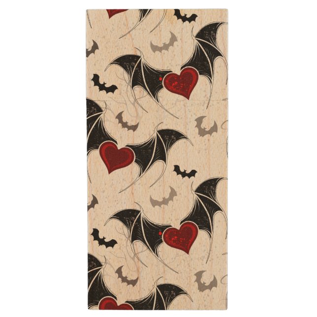 Halloween heart with black bat wings wood flash drive (Front Vertical)