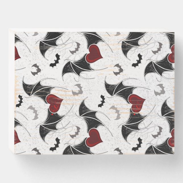 Halloween heart with black bat wings wooden box sign (Front Horizontal)