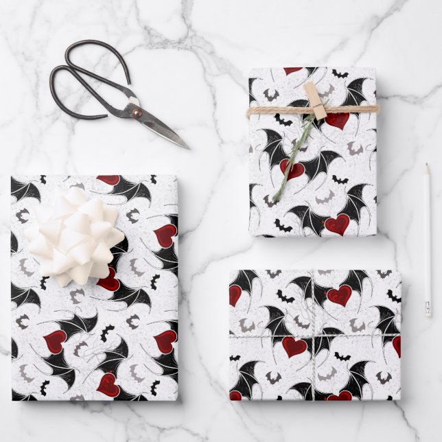 Halloween heart with black bat wings wrapping paper sheets (Front)